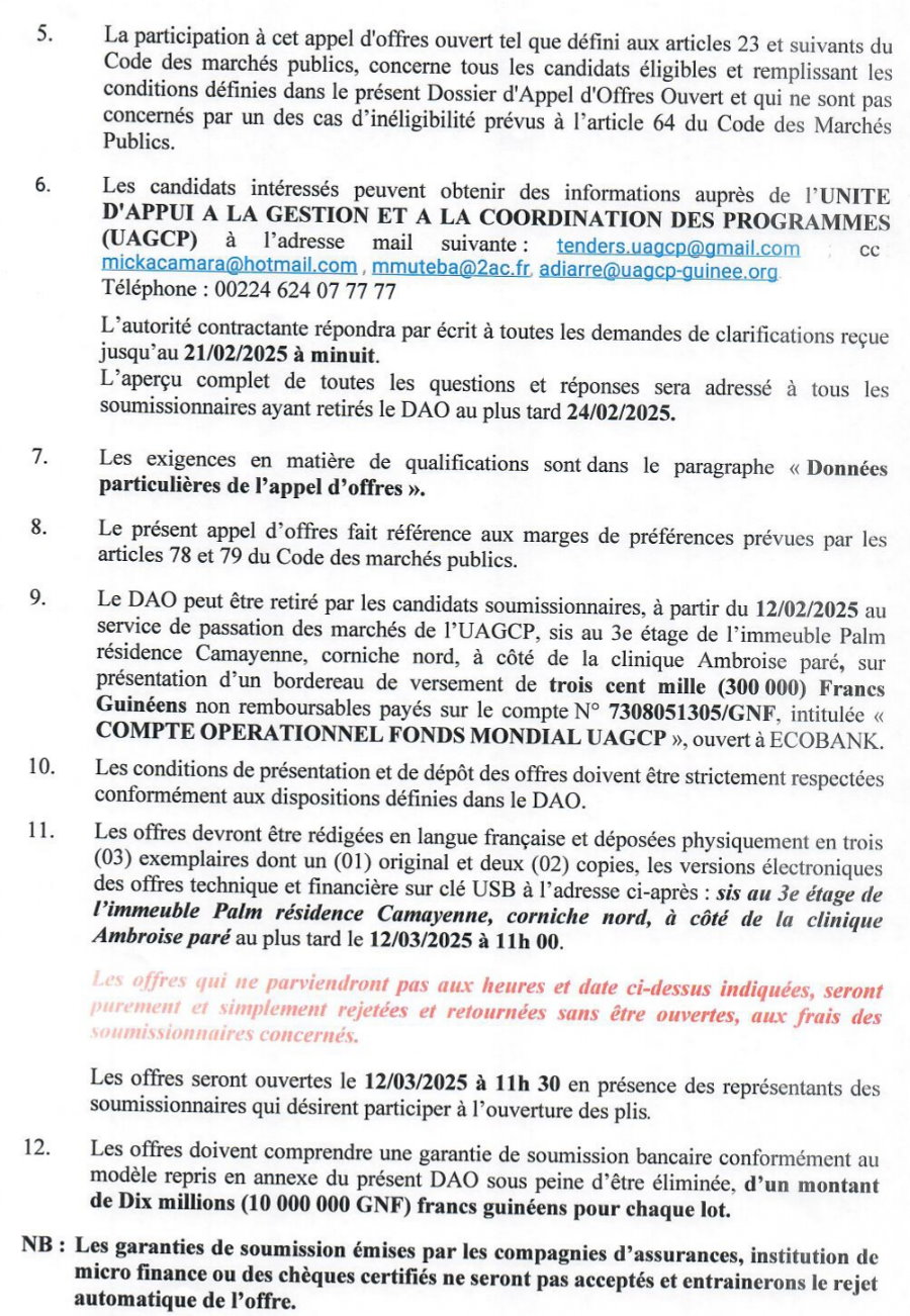 AVIS D'APPEL D'OFFRES POUR DES TRAVAUX D'AMÉNAGEMENT DES ESPACES DE STOCKAGE DES CYLINDRES D'OXYGENE DANS LES STRUCTURES SANITAIRES PERIPHERIOUES DE LABE, KANKAN et N'ZEREKORE 4 lots | Page 2